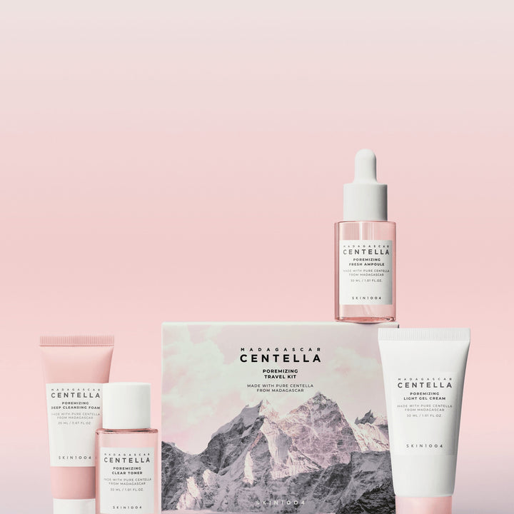 SKIN1004 Madagascar Centella Pore Minimizing Travel Kit with skincare products in travel-sized containers