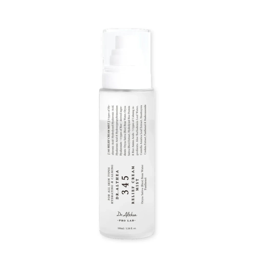 Dr. Althea 345 Relief Cream Mist in a 100ml bottle, featuring a fine mist sprayer for easy application.