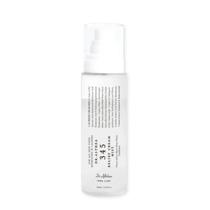 Dr. Althea 345 Relief Cream Mist in a 100ml bottle, featuring a fine mist sprayer for easy application.