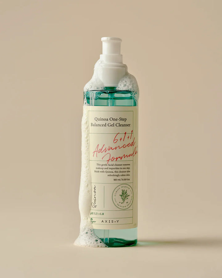 Nuaglow skincare routine for men featuring AXIS-Y Quinoa One-Step Balanced Gel Cleanser in a sleek bottle.