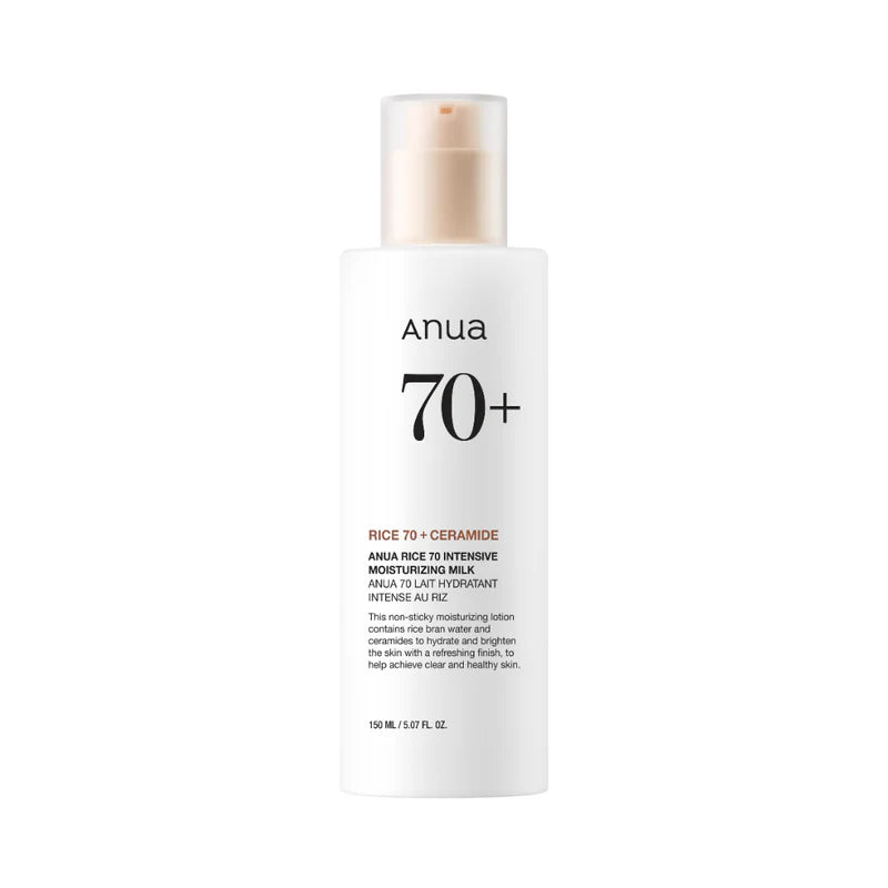 Anua Rice 70 Intensive Moisturizing Milk in a 150ml bottle, showcasing creamy texture and elegant packaging.