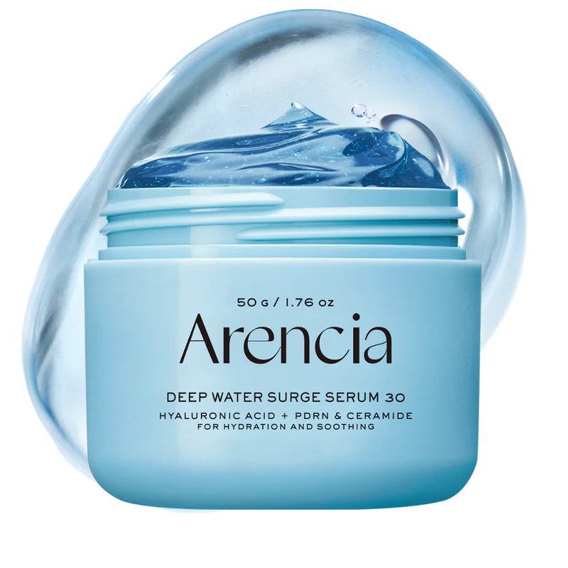 Arencia Deep Water Surge Serum in a sleek bottle, designed for hydration and revitalization of the skin.