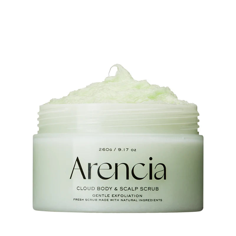 Arencia Fresh Cloud Body and Scalp Scrub with geranium and primrose, featuring a creamy texture and natural botanical ingredients.