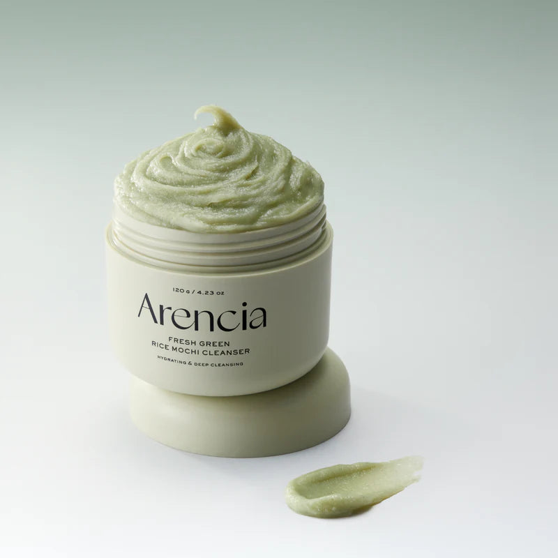 Arencia Fresh Green Rice Mochi cleanser in a clear bottle, featuring green rice mochi extract, for gentle facial cleansing.