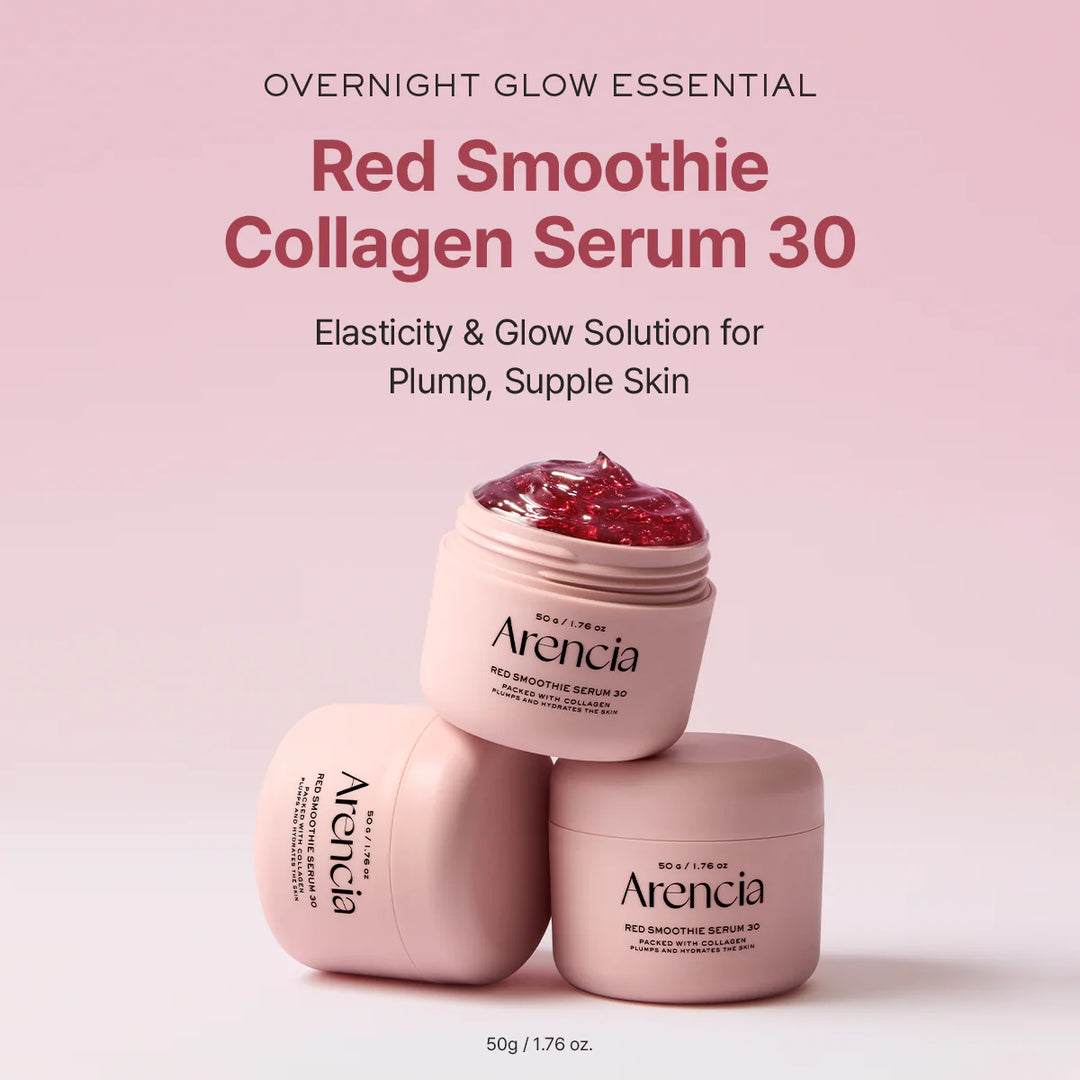 Arencia Red Smoothie Serum 30 featuring a sleek bottle with vibrant red liquid, designed for skincare and hydration.