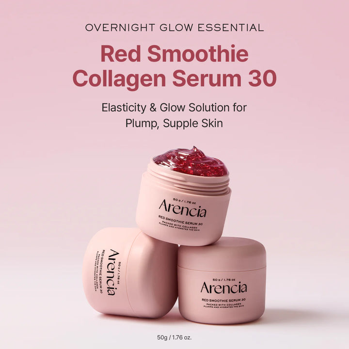 Arencia Red Smoothie Serum 30 featuring a sleek bottle with vibrant red liquid, designed for skincare and hydration.