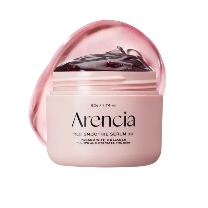 Arencia Red Smoothie Serum 30ml in a sleek bottle, showcasing the vibrant red color and smooth texture of the serum.