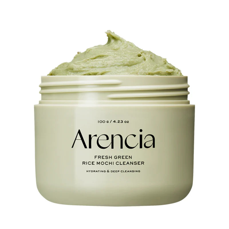 Arencia Fresh Green Rice Mochi Cleanser in a clear bottle, showcasing the gentle, green rice-based facial cleanser for sensitive skin.