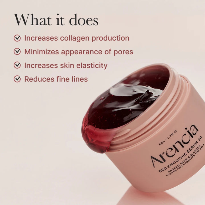 Arencia Red Smoothie Serum 30ml in a sleek bottle, featuring vibrant red color and smooth serum texture for skincare.