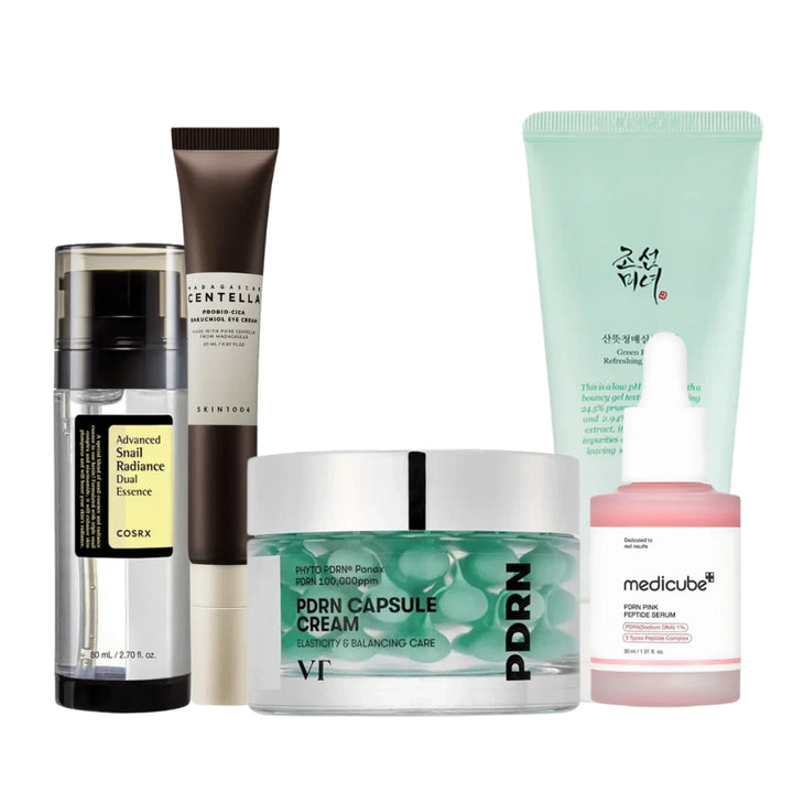 Nuaglow skincare routine for mature skin featuring cleanser, serum, and moisturizer in a clean, organized setup.