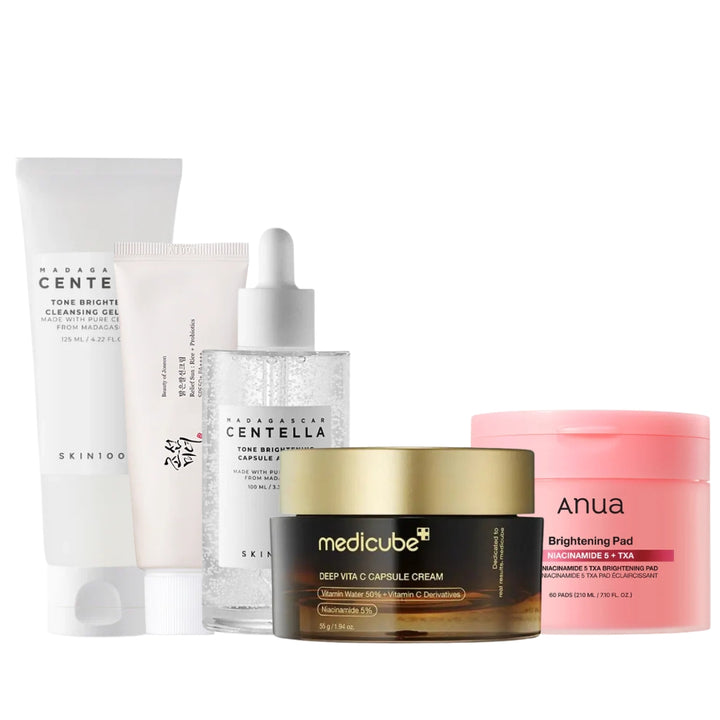 Nuaglow skincare routine kit for pigmentation treatment with various products, designed to improve skin clarity and tone.
