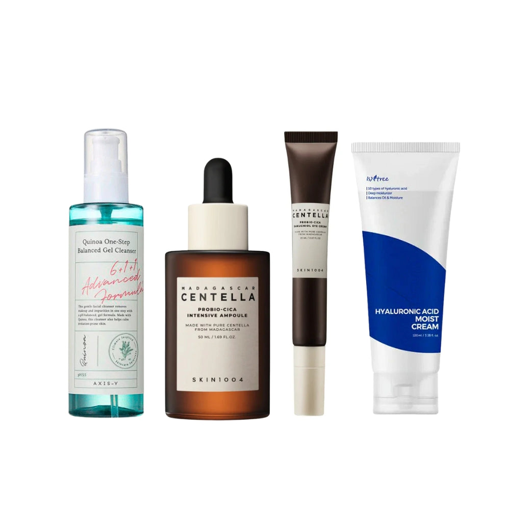 Nuaglow skincare routine for men featuring various skincare products in a stylish arrangement.