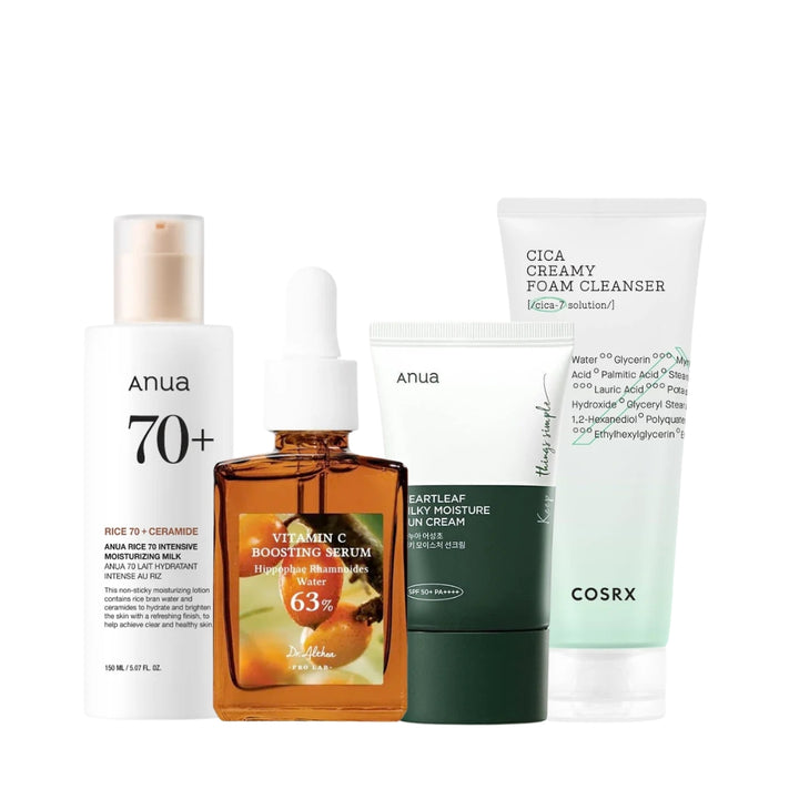 Nuaglow Forårsrutinen skincare routine featuring floral elements and product packaging displayed on a clean surface.
