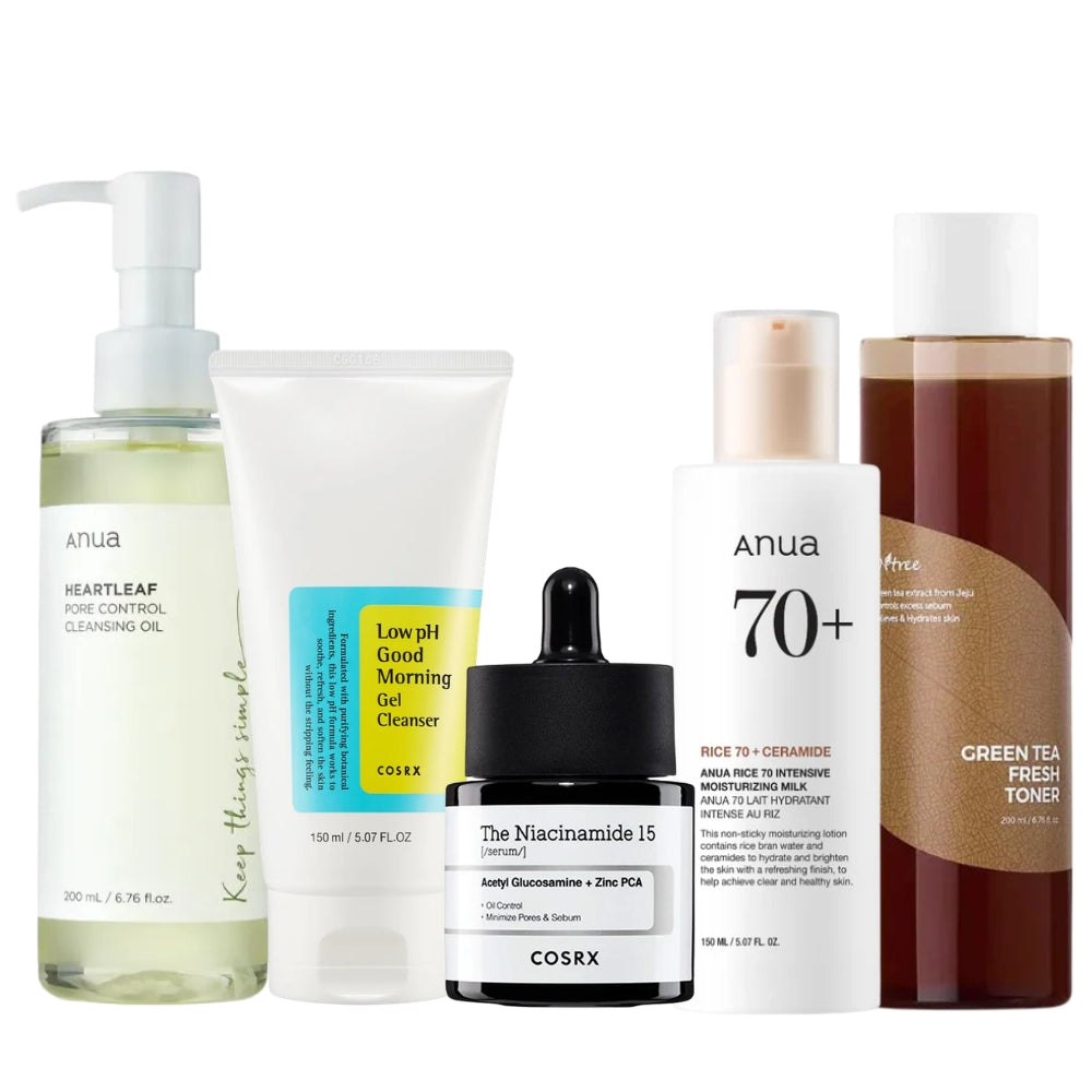 Nuaglow skincare routine for combination skin, featuring cleanser, toner, moisturizer, and serum in a clean, organized setup.