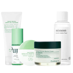 Nuaglow rosacea skincare routine with cleanser, moisturizer, and treatment products arranged on a white surface.