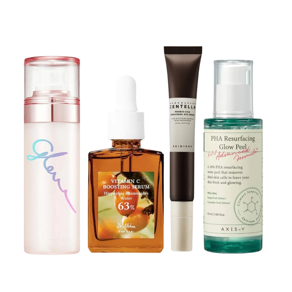 Nuaglow Maryams 4 Favoritter skincare routine set with four skincare products arranged in a clean, organized display.