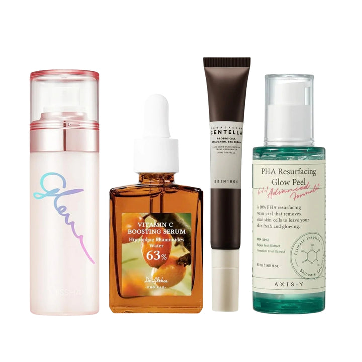 Nuaglow Maryams 4 Favoritter skincare routine set with four skincare products arranged in a clean, organized display.