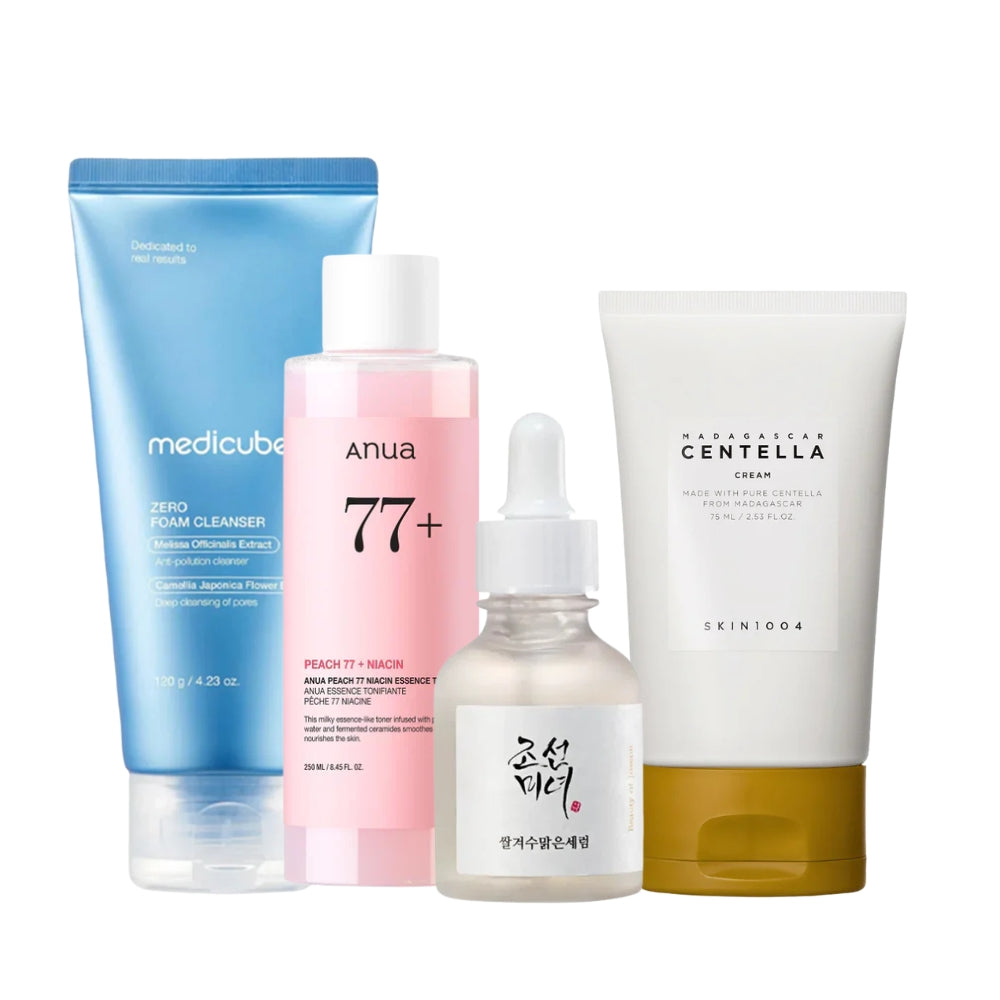 Nuaglow skincare routine for normal skin with cleanser, toner, moisturizer, and serum arranged on a clean white background.
