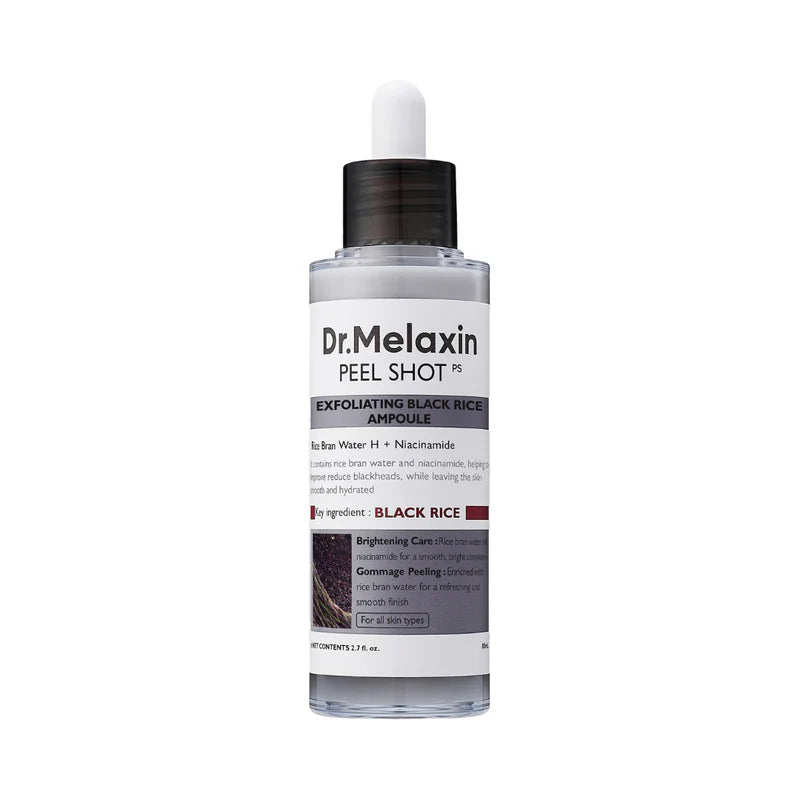 Dr. Melaxin Peel Shot Exfoliating Black Rice Ampoule serum in an 80ml bottle, featuring black rice extract for skin renewal.