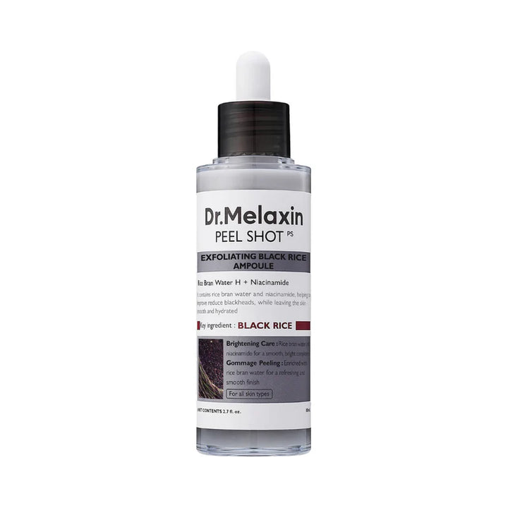 Dr. Melaxin Peel Shot Exfoliating Black Rice Ampoule serum in an 80ml bottle, featuring black rice extract for skin renewal.