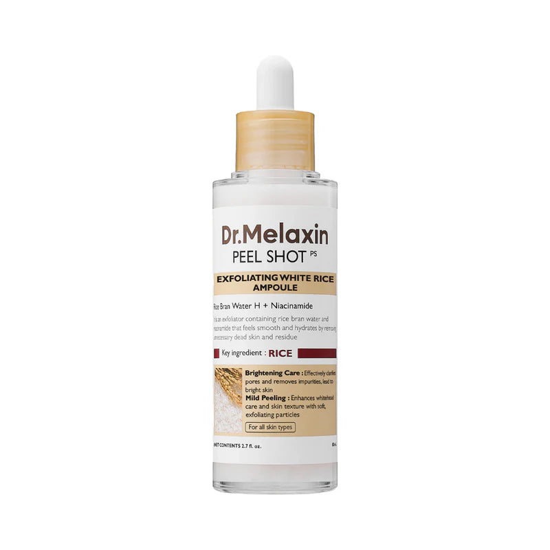 Dr. Melaxin Peel Shot Exfoliating White Rice Ampoule in a clear bottle, showcasing the serum's light texture and packaging.
