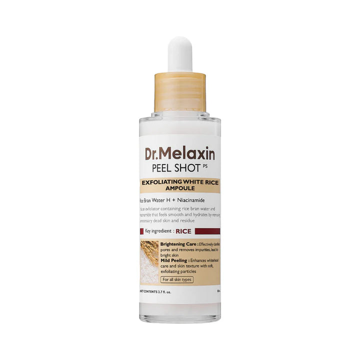 Dr. Melaxin Peel Shot Exfoliating White Rice Ampoule in a clear bottle, showcasing the serum's light texture and packaging.
