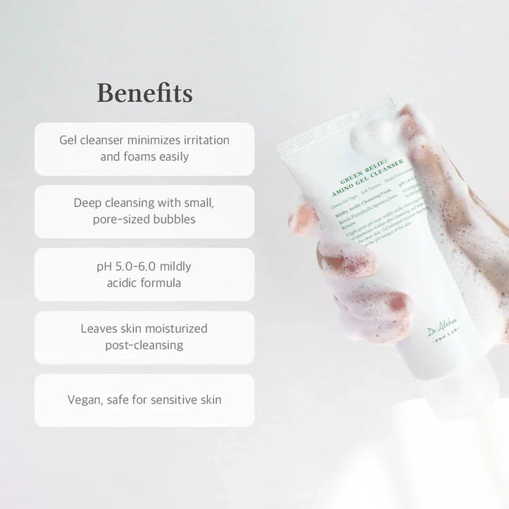 Nuaglow Dr. Althea Green Relief Amino Gel Cleanser for rosacea skincare routine, gentle gel with soothing ingredients for sensitive skin.