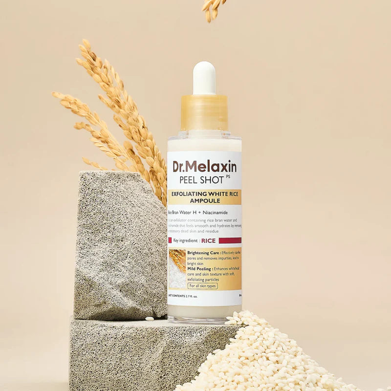 Dr. Melaxin Peel Shot Exfoliating White Rice Ampoule serum in 80 ml bottle with a clean, minimalist design.