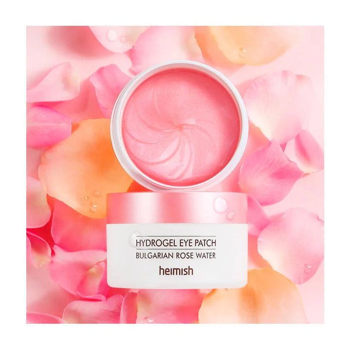 Heimish Hydrogel Eye Patch with Bulgarian Rose Water, showing a close-up of the eye patches in their container.