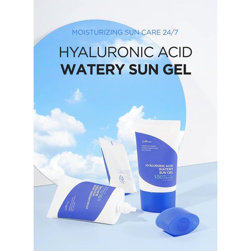 Nuaglow 5-trins tør hud rutine with Isntree Hyaluronic Acid Watery Sun Gel SPF50 PA for hydrating sun protection
