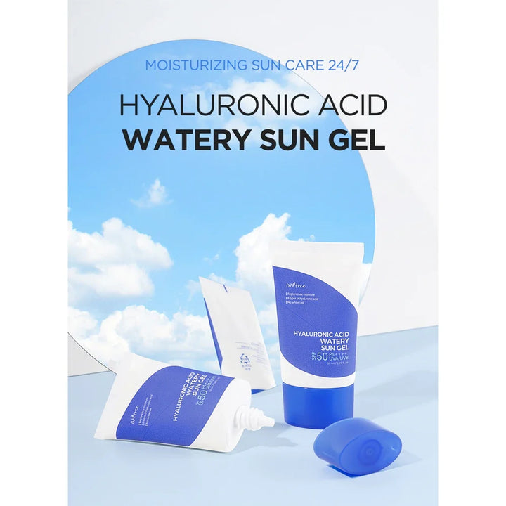 Nuaglow skincare routine featuring Isntree Hyaluronic Acid Watery Sun Gel SPF50 PA with hydrating, lightweight sun protection for sensitive skin.