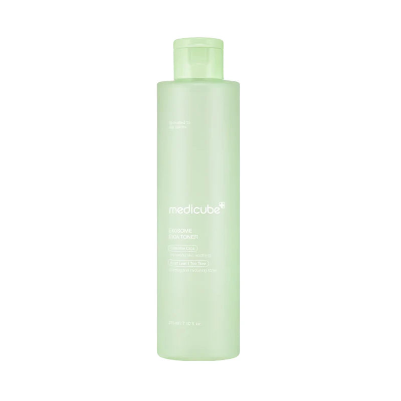 Medicube Exosome Cica Toner in a 210ml bottle, showing the clear liquid and product label on the packaging.