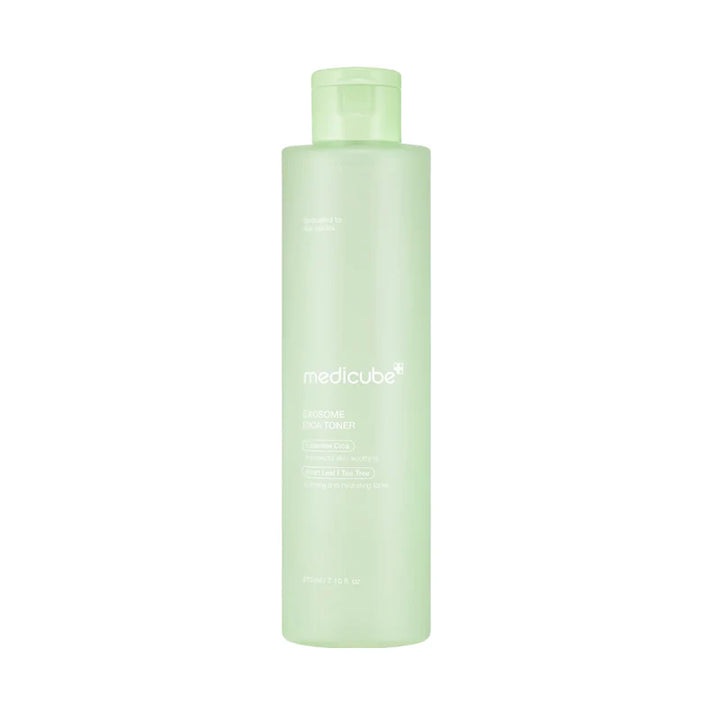 Medicube Exosome Cica Toner in a 210ml bottle, showing the clear liquid and product label on the packaging.