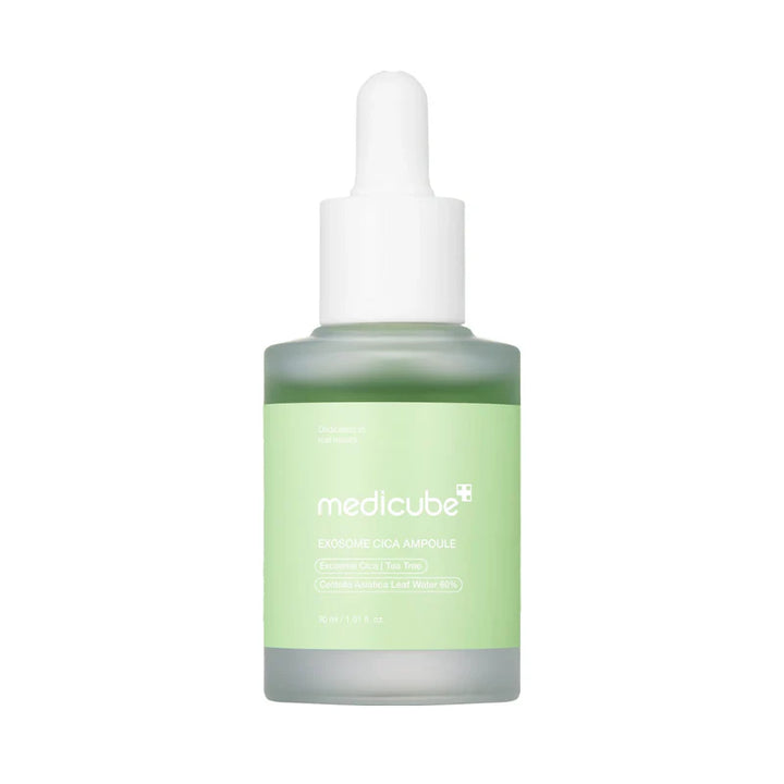 Medicube Exosome Cica Serum in a 30ml bottle, showing the serum's sleek packaging and applicator for skincare.