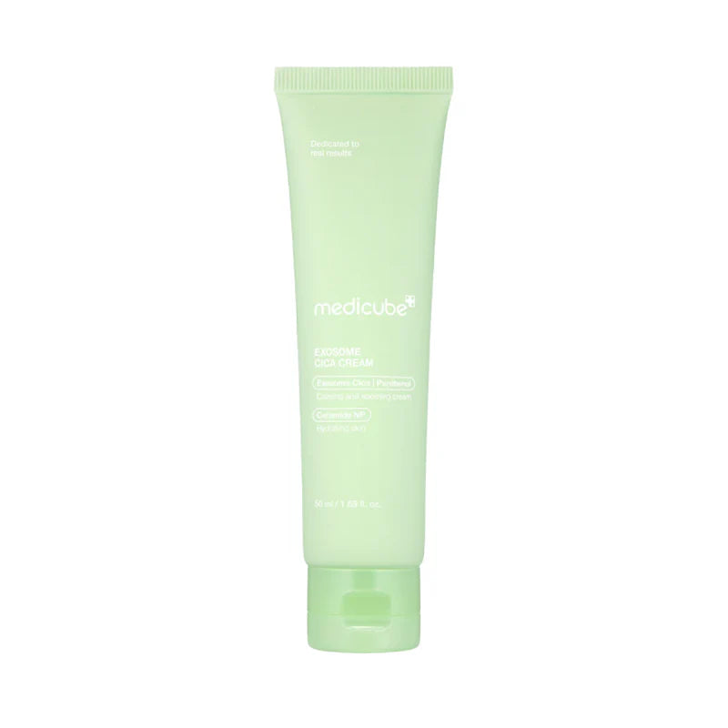 Medicube Exosome Cica Cream in 50ml jar, smooth and creamy facial moisturizer for skin repair and soothing.