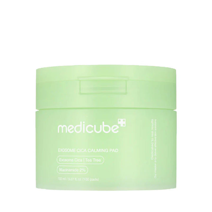 Medicube Exosome Cica Calming Pads in a container, showing 100 soothing skincare pads for calming and revitalizing skin.