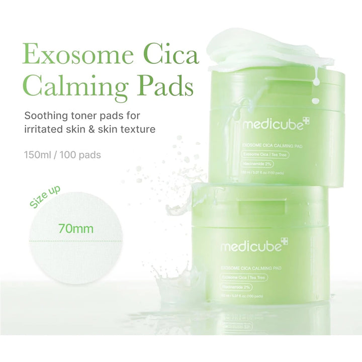 Medicube Exosome Cica Calming Pad, a pack of 100 soothing skincare pads with calming and exfoliating properties.