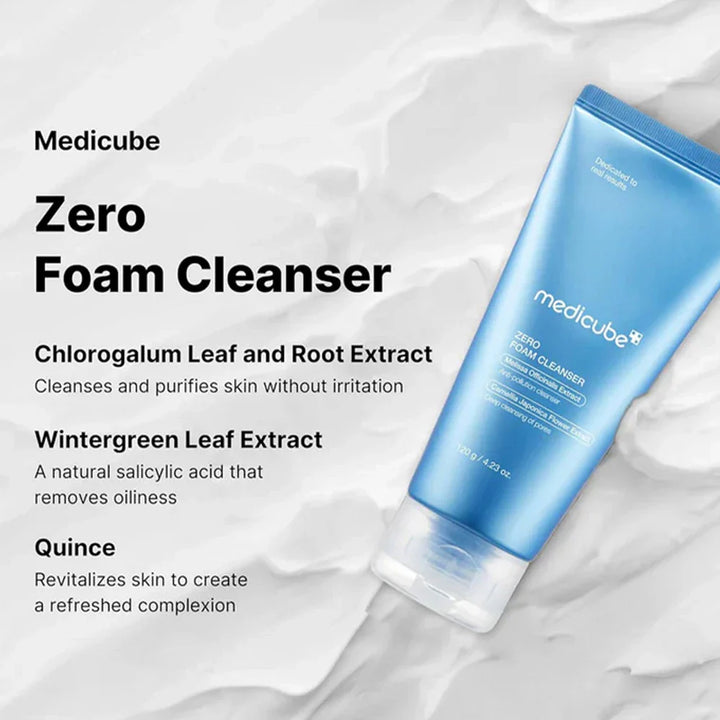 Nuaglow skincare routine featuring Medicube Zero Foam Cleanser for teenage skin, gentle and effective facial cleansing.