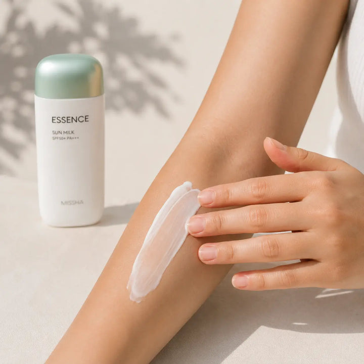 Missha All-round Safe Block Essence Sun Milk SPF50+ PA+++ bottle, lightweight sun protection cream for face and body