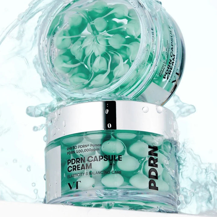 VT Cosmetics PDRN Capsule Cream 100 in a jar, showcasing creamy texture and capsule ingredients for skin hydration.