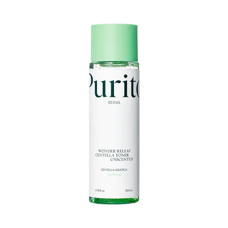 Purito Wonder Releaf Centella Toner Unscented in a 200ml bottle, featuring a clear liquid with a minimalist label and pump dispenser.