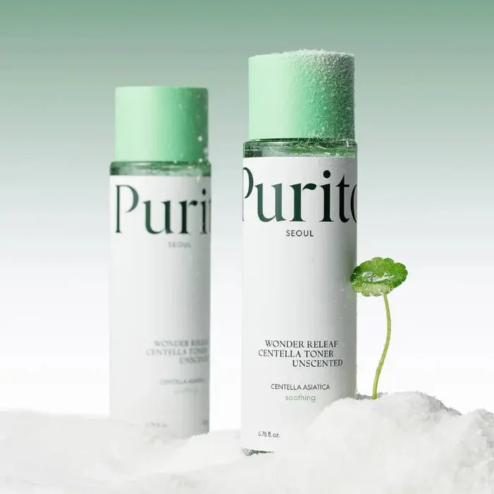 Purito Wonder Releaf Centella Toner Unscented 200ml bottle with clear label and cap, designed for soothing skincare.
