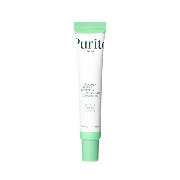 Purito Wonder Releaf Centella Eye Cream in 30ml jar, unscented skincare product for sensitive skin around the eyes.