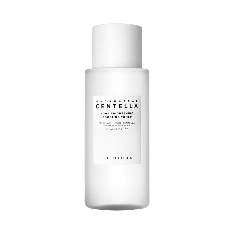 SKIN1004 Tone Brightening Boosting Toner in a 210ml bottle, showing the clear liquid and minimalist label design.