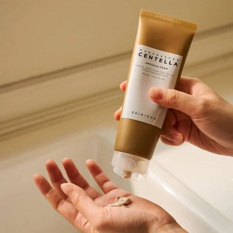 Nuaglow skincare routine for sensitive skin, featuring Madagascar Centella Ampoule Foam in a clear bottle.