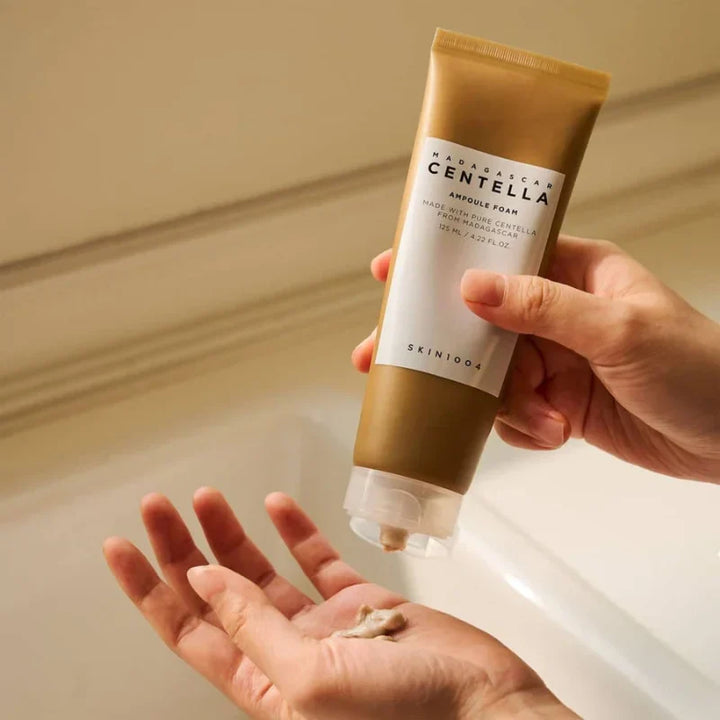 Nuaglow skincare routine for sensitive skin, featuring Madagascar Centella Ampoule Foam in a clear bottle.