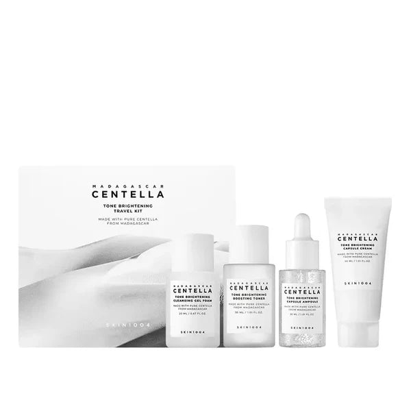 SKIN1004 Madagascar Centella Tone Brightening Travel Kit with skincare products in a compact set for brightening on the go