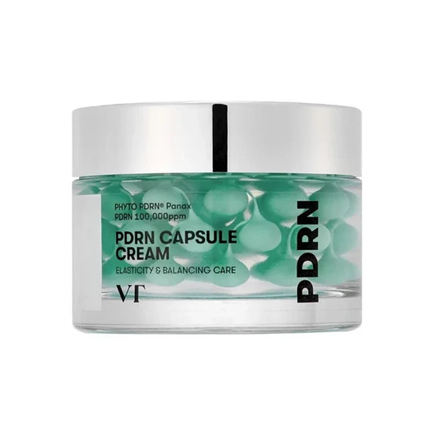 VT Cosmetics PDRN Capsule Cream 100 in a 50ml jar, showcasing a rich cream texture with visible capsules.