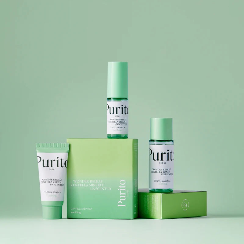 Purito Wonder Releaf Centella Mini Kit unscented skincare set with 60ml bottles, featuring soothing centella extracts and travel-sized packaging.