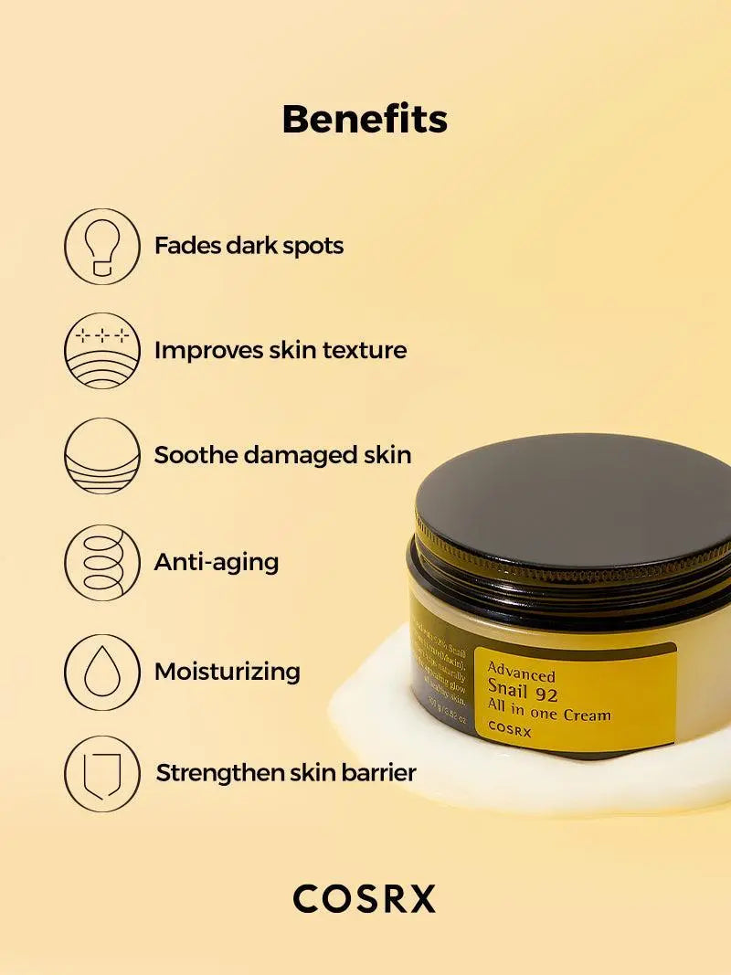Nuaglow skincare routine featuring advanced snail all-in-one cream by Cosrx for sensitive skin, with a sleek skincare product image.